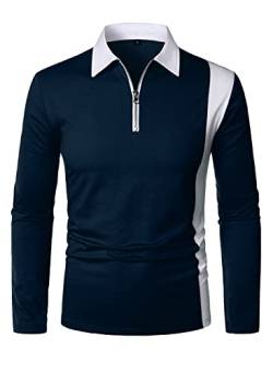 HOOD CREW Herren Langarm Poloshirt Golf Shirt Casual Kontrastfarbe Tennis Top, navy, M von HOOD CREW
