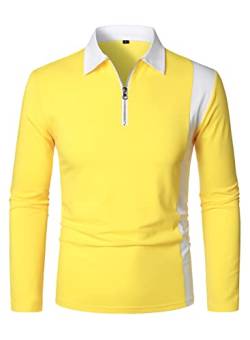 HOOD CREW Herren-Poloshirt, langärmelig, Golfshirt, lässig, Kontrastfarbe, Tennis-Top, gelb, M von HOOD CREW