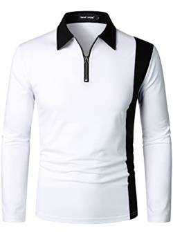 HOOD CREW Herren-Poloshirt, langärmelig, Golfshirt, lässig, Kontrastfarbe, Tennis-Top, weiß, XL von HOOD CREW