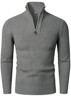 HOOD CREW Herren Strickpullover Mit Reißverschluss Stehkragen Langarm Sweaters Basic Männer Pullover Grau XL von HOOD CREW