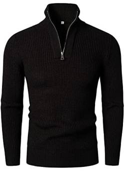 HOOD CREW Herren Strickpullover Mit Reißverschluss Stehkragen Langarm Sweaters Basic Männer Pullover Schwarz 3XL von HOOD CREW