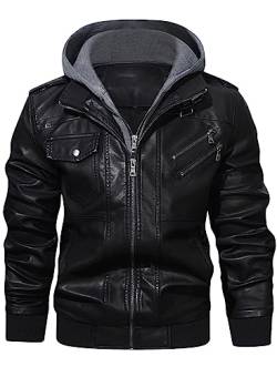 HOOD CREW Lässige Biker Lederjacke aus Kunstleder für Herren mit abnehmbarer Kapuze von HOOD CREW