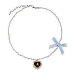 HOOLRZI Herz-Halskette, modische Kamelien-Herz-Halskette, verstellbare Länge, Schlüsselbeinkette mit Schleife, Perlen, Perlenhalsband für den Alltag von HOOLRZI