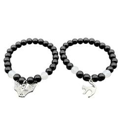 HOOLRZI Perlenarmband Schwarz Rot Weiß Perlenarmbänder mit Fledermaus, Katze, Rose/Gitarre, Herzanhänger, Handgelenkkette, Armband, einzigartige Geschenke für Paare von HOOLRZI