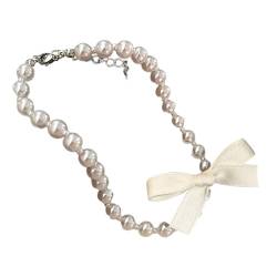 HOOLRZI Schleife Perlenkette Elegante französische Halskette Band Schleife Anhänger Halskette Perlen Perlen Schleife Kragenkette für Frauen Stilvolle Verzierung von HOOLRZI