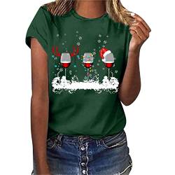 HOOUDO Damen Oberteile Elegant Frauen Weihnachten Weinglas Schneeflocken Geweih Druck O Hals Kurzarm Lose T Shirt Bluse Tops T Shirt 3/4 Arm Damen von HOOUDO