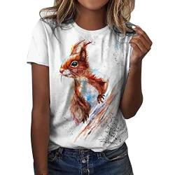 HOOUDO Damen Tshirt Elegant Damen-T-Shirts mit Rundhalsausschnitt, Eichhörnchen-Print, Kurzarm, lässig, T-Shirt, Oberteile, niedliche Grafik-Hemden, Bluse Wickeltop von HOOUDO