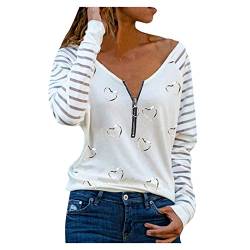 HOOUDO Pullover Damen Langarmshirt Elegante Oberteile Casual V-Ausschnitt Locker Sweatshirt Gestreift Herz Gedruckt T-Shirts Frauen Sexy Herbst Mädchen Bluse Tops mit Reißverschluss Basic Tunika von HOOUDO