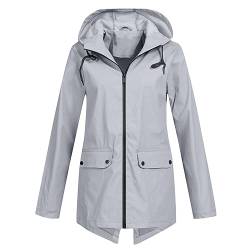 HOOUDO Regenjacke Damen Wasserdicht Atmungsaktiv Lang Regenmantel Schwarz Softshelljacke Outdoorjacke Übergangsjacke Leichte Jacke mit Kapuze für Frühlings Herbst zum Wandern Fahrrad von HOOUDO