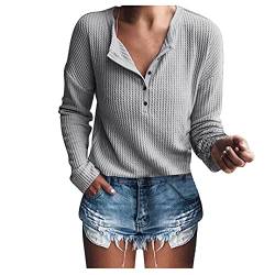 HOOUDO Tshirt Damen Rundhals Langarm farbigen Knopfeinen Damentop Ärmellos Klassisches Pullover-Oberteil mit Rundhalsausschnitt mit stylischem Print von HOOUDO