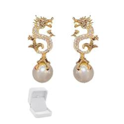 Dragon Hanging Bead Earrings, Chinese New Year Dragon Earrings，New Haute Sense Earing Fall/Winter 2024,Multi-Color Pearls Drop Dangle Dragon Shape Earrings (White) von HOPASRISEE