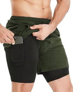 HOPLYNN Herren 2 in 1 Shorts Sommer Schnelltrocknende Laufshorts mit Taschen Sport Kurze Hosen Fitness Laufhose Green 2XL von HOPLYNN