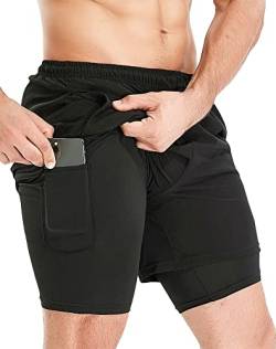 HOPLYNN Herren 2 in 1 Shorts Sommer Schnelltrocknende Laufshorts mit Taschen Sport Kurze Hosen Fitness Laufhose Schwarz 2XL von HOPLYNN