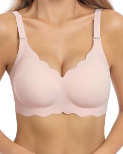 HORISUN Damen-BH gewellt nahtlos V-Ausschnitt Spitze Blumenmuster drahtlos Bralette Feste Polsterung ohne Bügel BH (Rosa M) von HORISUN