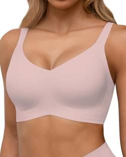 HORISUN Nahtlose BHS, vollständige Abdeckung, kabelloser Push-up-BH für Damen, Bequeme Bralettes mit V-Ausschnitt und Unterstützung (Rosa L) von HORISUN