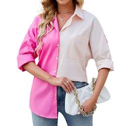 HOTIAN Damen Bluse V-Ausschnitt Hemd Casual Langarmshirt Elegant Lose Hemd Colour-Blocking Tops Langarmshirt T-Shirt Pink M von HOTIAN