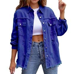 HOTIAN Damen Jeansjacke jeansjacken für damen übergangsjacke damen Vintage Jean Mantel Übergangs Ripped Denim Jacken Blue 2XL von HOTIAN