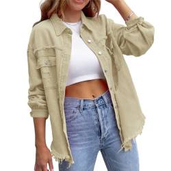 HOTIAN Damen Jeansjacke jeansjacken für damen übergangsjacke damen Vintage Jean Mantel Übergangs Ripped Denim Jacken Khaki XL von HOTIAN