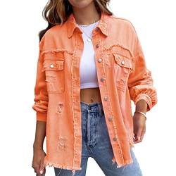 HOTIAN Damen Jeansjacke jeansjacken für damen übergangsjacke damen Vintage Jean Mantel Übergangs Ripped Denim Jacken Orange XL von HOTIAN