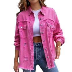 HOTIAN Damen Jeansjacke jeansjacken für damen übergangsjacke damen Vintage Jean Mantel Übergangs Ripped Denim Jacken Pink 2XL von HOTIAN