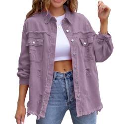 HOTIAN Damen Jeansjacke jeansjacken für damen übergangsjacke damen Vintage Jean Mantel Übergangs Ripped Denim Jacken Purple L von HOTIAN