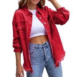 HOTIAN Damen Jeansjacke jeansjacken für damen übergangsjacke damen Vintage Jean Mantel Übergangs Ripped Denim Jacken Red 2XL von HOTIAN