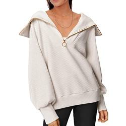 HOTIAN Damen Sweatshirt Pullover ohne Kapuze Oversize Casual Langarm Pullover Sweatshirt Einfarbige V-Ausschnitt Sport Sweatshirts von HOTIAN