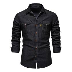 HOTIAN Herren Hemden, Herren Denim Shirt Langarmhemd,Freizeithemd Regular Businesshemd,Slim-Fit-Herrenhemden Black 2XL von HOTIAN