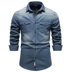 HOTIAN Herren Hemden, Herren Denim Shirt Langarmhemd,Freizeithemd Regular Businesshemd,Slim-Fit-Herrenhemden Blue 2XL von HOTIAN