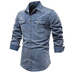 HOTIAN Herren Hemden, Herren Denim Shirt Langarmhemd,Freizeithemd Regular Businesshemd,Slim-Fit-Herrenhemden Blue01 L von HOTIAN