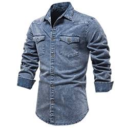 HOTIAN Herren Hemden, Herren Denim Shirt Langarmhemd,Freizeithemd Regular Businesshemd,Slim-Fit-Herrenhemden Blue01 M von HOTIAN