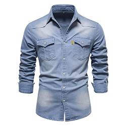 HOTIAN Herren Hemden, Herren Denim Shirt Langarmhemd,Freizeithemd Regular Businesshemd,Slim-Fit-Herrenhemden Light Blue 2XL von HOTIAN