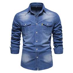 HOTIAN Herren Hemden, Herren Denim Shirt Langarmhemd,Freizeithemd Regular Businesshemd,Slim-Fit-Herrenhemden Middle Blue 2XL von HOTIAN