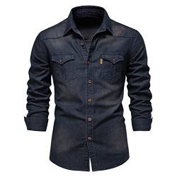 HOTIAN Herren Hemden, Herren Denim Shirt Langarmhemd,Freizeithemd Regular Businesshemd,Slim-Fit-Herrenhemden Navy L von HOTIAN