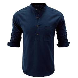 HOTIAN Herren Langarm Shirts, Henley Shirt Baumwolle,Herren Basic Long-Sleeved Shirts,Lässige T-Shirt mit Knöpfen Einfarbige,Waffelstrick Causal Shirt Navy M von HOTIAN