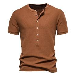 HOTIAN Herren Shirts Henley Kurzarm Shirt Sommer Herren Basic Shirts Lässige T-Shirt mit Knöpfen Waffelstrick Causal Shirt Khaki L von HOTIAN