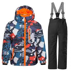 HOTIAN Kinder Skianzug, Jungen Kinder Schneeanzug,Kinder Winteroverall Wasserdichter Skianzug Jungen,Outdoor Warm Skifahren Bekleidung Skijacke and Skihose OR+BK-14 von HOTIAN