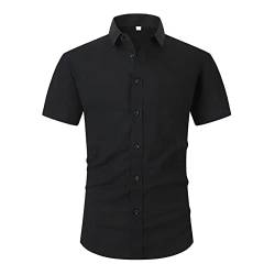 Herren Hemd Businesshemd Kurzarm Slim Fit Leinenshirt Freizeithemd Sommer Kurzarmhemd Basic Shirt Black01 S von HOTIAN