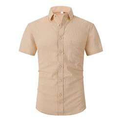 Herren Hemd Businesshemd Kurzarm Slim Fit Leinenshirt Freizeithemd Sommer Kurzarmhemd Basic Shirt Khaki01 L von HOTIAN