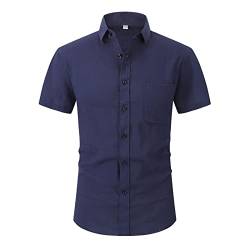 Herren Hemd Businesshemd Kurzarm Slim Fit Leinenshirt Freizeithemd Sommer Kurzarmhemd Basic Shirt Navy01 L von HOTIAN