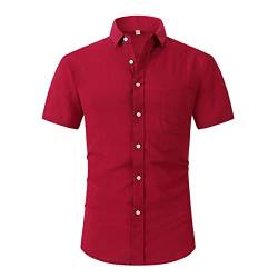 Herren Hemd Businesshemd Kurzarm Slim Fit Leinenshirt Freizeithemd Sommer Kurzarmhemd Basic Shirt Red01 L von HOTIAN