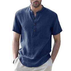 Herren Kurzarm Leinenhemd Henley Kurzarm Slim-Fit Sommer Kurzarmhemd Freizeithemd Männer Freizeit-Hemd Busines Blau M von HOTIAN