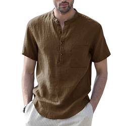 Herren Kurzarm Leinenhemd Henley Kurzarm Slim-Fit Sommer Kurzarmhemd Freizeithemd Männer Freizeit-Hemd Busines Khaki M von HOTIAN