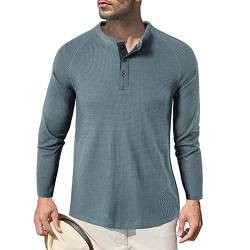 Herren Langarm Shirts, Henley Shirt Baumwolle,Herren Basic Long-Sleeved Shirts,Lässige T-Shirt mit Knöpfen Einfarbige,Waffelstrick Causal Shirt Blau M von HOTIAN