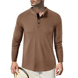 Herren Langarm Shirts, Henley Shirt Baumwolle,Herren Basic Long-Sleeved Shirts,Lässige T-Shirt mit Knöpfen Einfarbige,Waffelstrick Causal Shirt Braun 2XL von HOTIAN