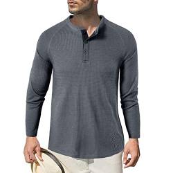 Herren Langarm Shirts, Henley Shirt Baumwolle,Herren Basic Long-Sleeved Shirts,Lässige T-Shirt mit Knöpfen Einfarbige,Waffelstrick Causal Shirt Grau 2XL von HOTIAN