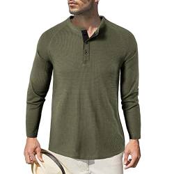 Herren Langarm Shirts, Henley Shirt Baumwolle,Herren Basic Long-Sleeved Shirts,Lässige T-Shirt mit Knöpfen Einfarbige,Waffelstrick Causal Shirt Grün 2XL von HOTIAN