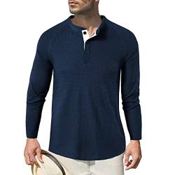 Herren Langarm Shirts, Henley Shirt Baumwolle,Herren Basic Long-Sleeved Shirts,Lässige T-Shirt mit Knöpfen Einfarbige,Waffelstrick Causal Shirt Navy M von HOTIAN