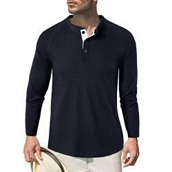 Herren Langarm Shirts, Henley Shirt Baumwolle,Herren Basic Long-Sleeved Shirts,Lässige T-Shirt mit Knöpfen Einfarbige,Waffelstrick Causal Shirt Schwarz XL von HOTIAN