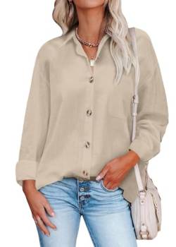 HOTOUCH Bluse Damen Beige Baumwolle Langarm Hemd Freizeit mit Button Down Kragen und Knopfleiste Beige XL von HOTOUCH